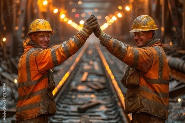 Fototapeta Railroad Track Maintenance Team High-Five Members of a maintenance team celebrating a successful task with a high-five, showcasing teamwork