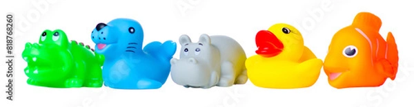 Obraz Colorful rubber baby bath toys on white background isolation