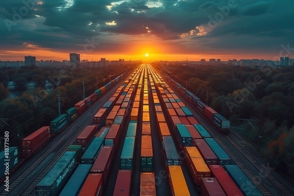 Fototapeta Railroad Yard Aerial View Aerial shot of a vast railroad yard, emphasizing the scale and complexity of rail operations