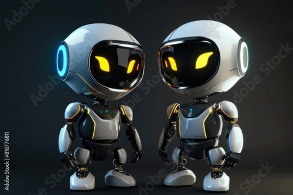 Fototapeta 3d rendering of two cute robot characters standing in front of dark background