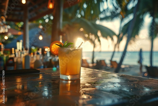 Fototapeta A glass of orange juice with a lime wedge on top sits on a counter in front of a beach