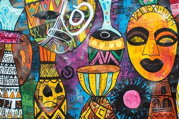 Fototapeta Afrobeat Music: Energetic, rhythmic patterns and vibrant, earthy colors representing the lively and danceable beats