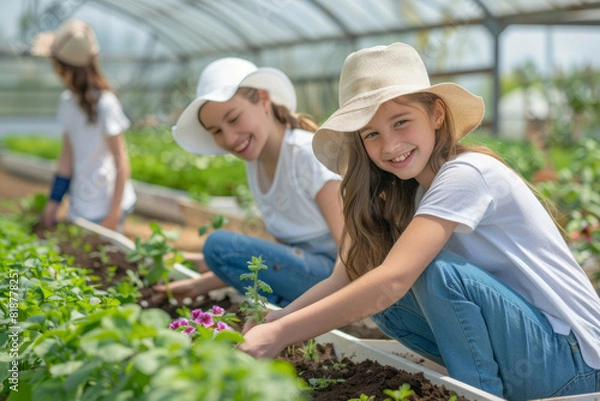 Fototapeta Two young girls, dressed in white t-shirts and blue jeans, plant flowers in a greenhouse on their farm, surrounded by plants, smiling as they work.