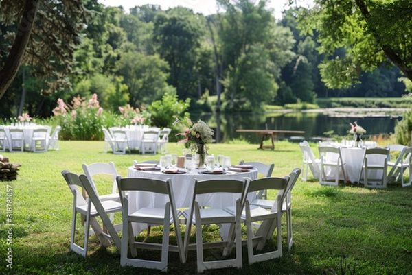 Fototapeta A large outdoor party with a lot of white chairs and tables. The tables are set up in a circle and there are vases with flowers on them