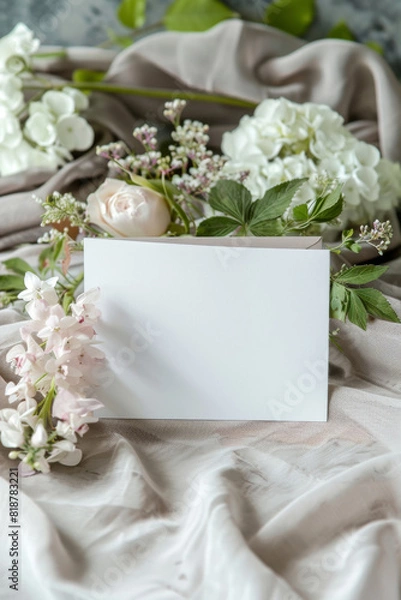 Fototapeta A white card with a flower on it sits on a table