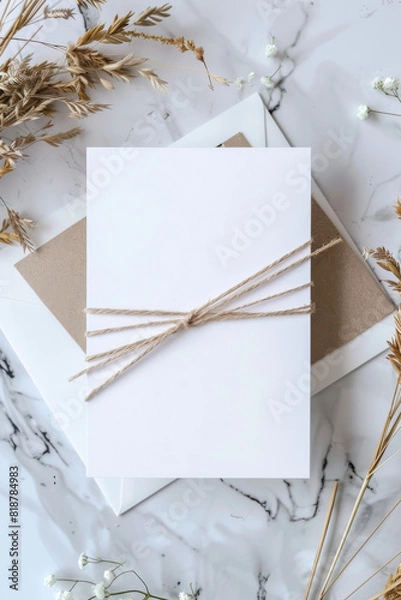 Fototapeta A white card with a brown ribbon tied around it