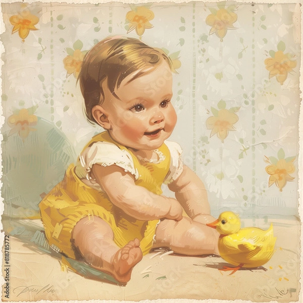 Obraz Vintage style, highly detailed, plastic modern 90s realistic illustration of an adorable baby in a yellow dress with white ruffles playing next to her duck toy and surrounded by daffodils.