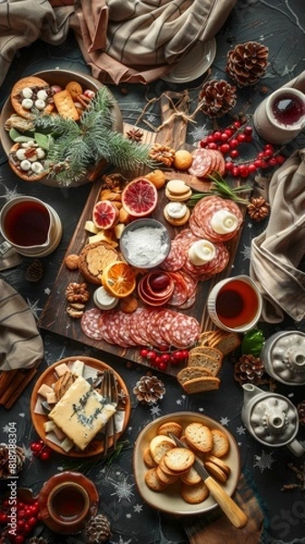 Fototapeta Many different types of food on a table, winter food background 