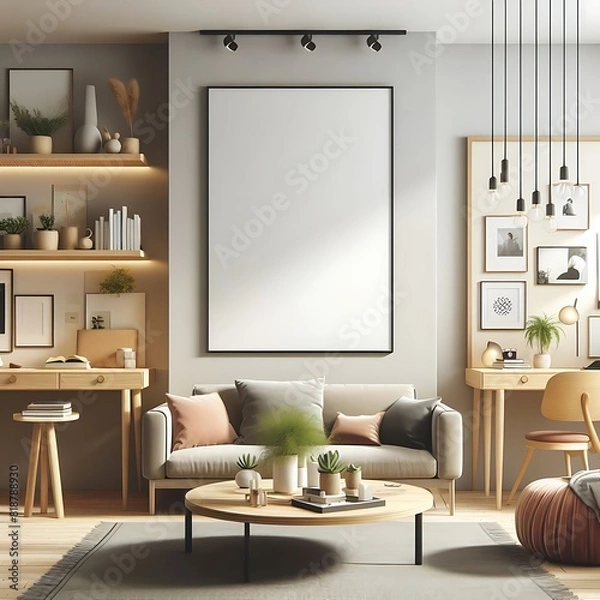 Fototapeta A living Room with a mockup poster empty white and with a couch and a table art image lively print design.