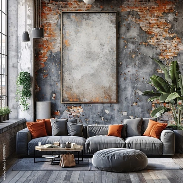 Fototapeta Poster Frame Mockup in rustic distressed wall with gray and orange decor