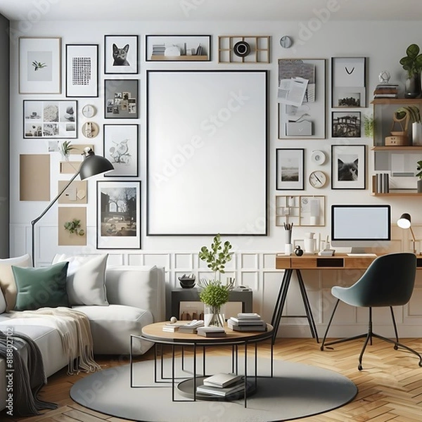 Fototapeta A Room with a mockup poster empty white and with a couch and a desk realistic card design art realistic meaning.