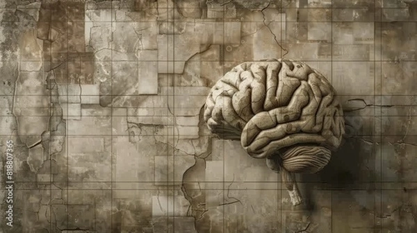 Fototapeta Highly detailed, three-dimensional rendering of a human brain placed against a background that resembles a cracked, aged wall with a grid pattern