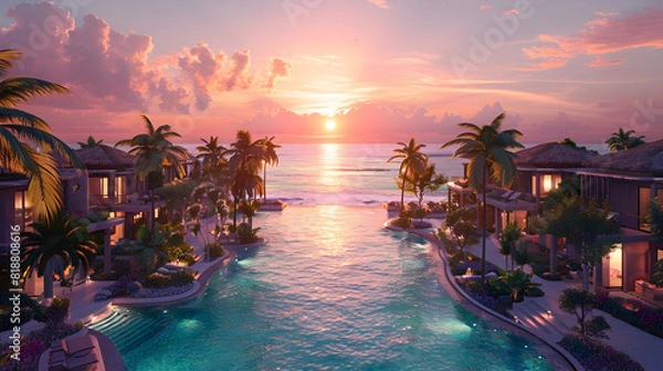 Fototapeta Sensual view of a luxury pool in a 5 star hotel with the sun rising in the center of the image, summer concept vacation concept holidays