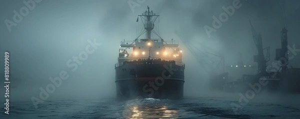 Fototapeta Cargo Ship Approaching Busy Port through Misty Morning Atmosphere