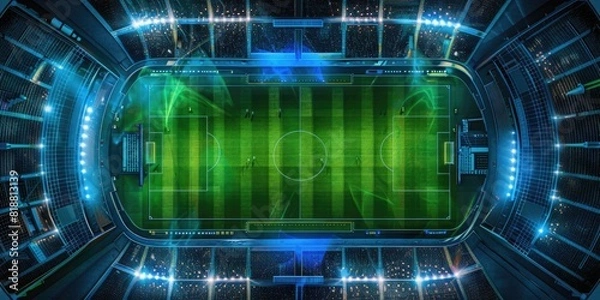 Obraz Aerial top view Football stadium arena for match with spotlight. Soccer sport background, green grass field for competition champion match