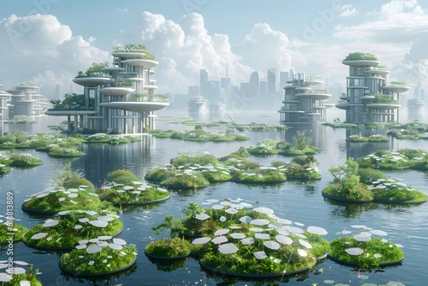 Fototapeta Futuristic floating city in harmony with nature and waterfalls in a world full of water and technology, ecology and green energy concept, renewable energy concept eco