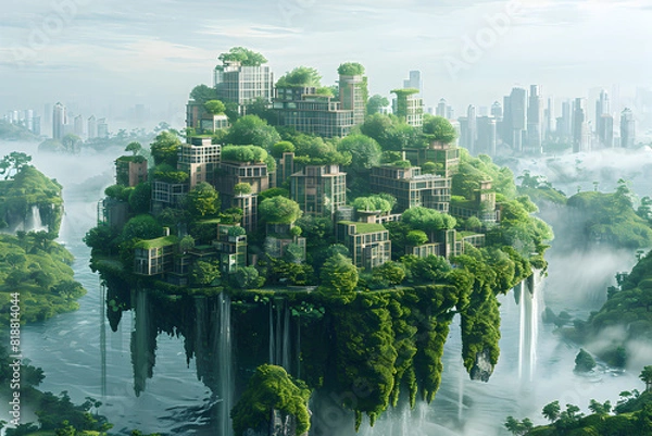 Fototapeta Futuristic floating city in harmony with nature and waterfalls in a world full of water and technology, ecology and green energy concept, renewable energy concept eco