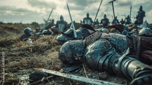 Obraz After Epic Battle Bodies of Dead, Massacred Medieval Knights Lying on Battlefield. Warrior Soldiers Fallen in Conflict, War, Conquest.