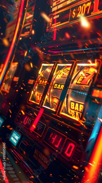Fototapeta Young man celebrating that he has won at a casino machine with coins cascading over him, casino concept, gambling, slots concept