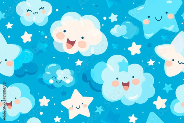 Fototapeta Smiling clouds and stars on a blue background forming a seamless pattern perfect for playful and child-friendly decorative designs