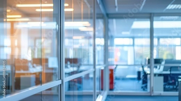 Fototapeta An abstract blurred view of an office space with glass doors, hinting at a busy professional environment