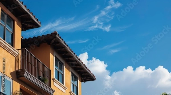 Fototapeta Orange residential building under a clear blue sky with wispy clouds, focusing on architectural details