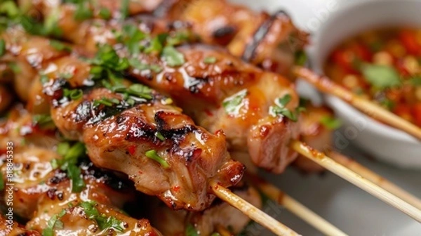 Obraz Close-up of juicy grilled chicken skewers with a side of dipping sauce