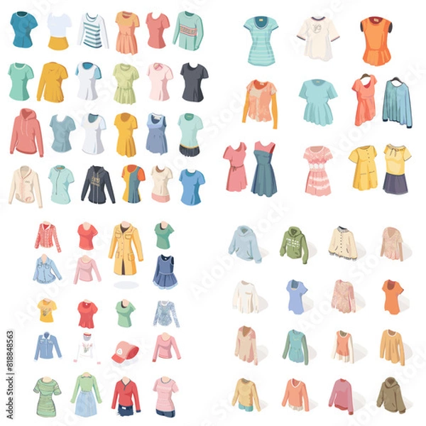 Fototapeta Fashion clothing illustration featuring stylish tops, shirts, sweaters, and blouses in various colors. Perfect for wardrobe, fashion design, and trendy outfit inspiration