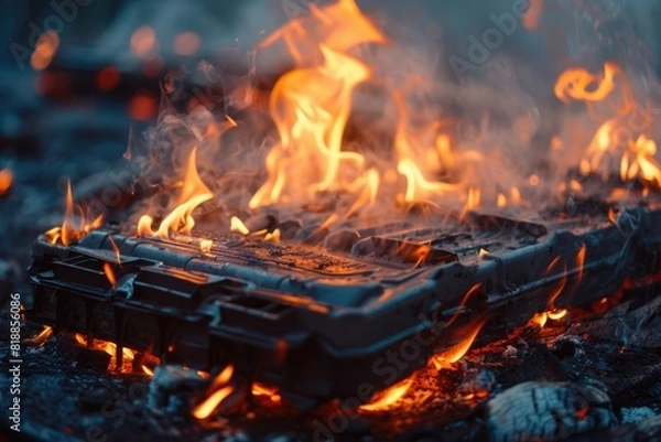 Obraz Burning electric car battery. generating heat and flames