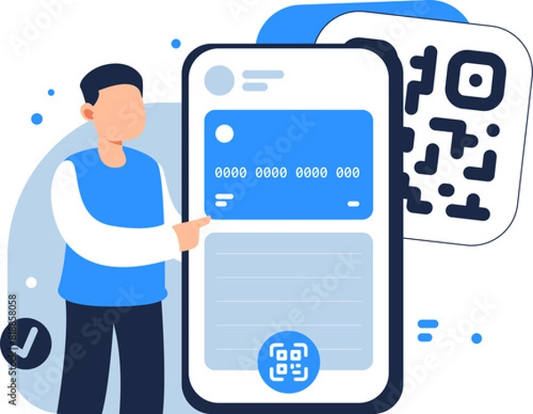 Obraz Character Demonstrating Contactless Payment System via Smartphone with QR Code Integration
