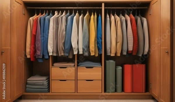 Fototapeta Organized Wardrobe Neatly Folded Clothes with Color Variety