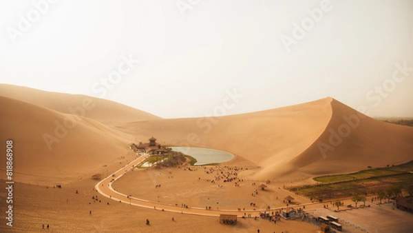 Fototapeta Mingsha Mountain and Crescent Lake in Dunhuang, Gansu Province - Desert scenery under clear sky