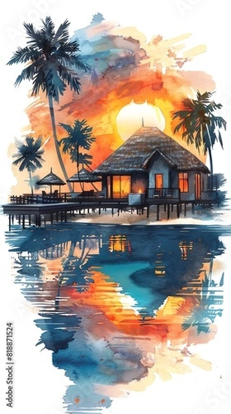 Fototapeta wanted to capture the beauty of a tropical island sunset in watercolor. The warm colors of the sky and the reflection of the water create a peaceful and serene scene.