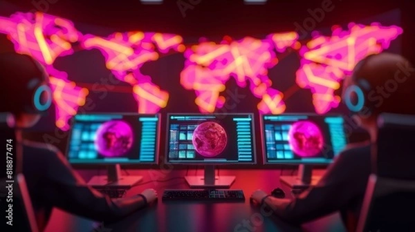 Fototapeta Cybersecurity analysts monitor global cyber threats on multiple computer screens with a vibrant world map. Modern cyber warfare and data protection.
