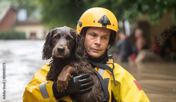Fototapeta A male rescuer, emergency responder in a waterproof suit and helmet carrying and saving a dog during a flood.