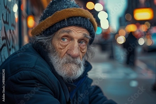 Fototapeta Homeless elderly man with beard close-up portrait