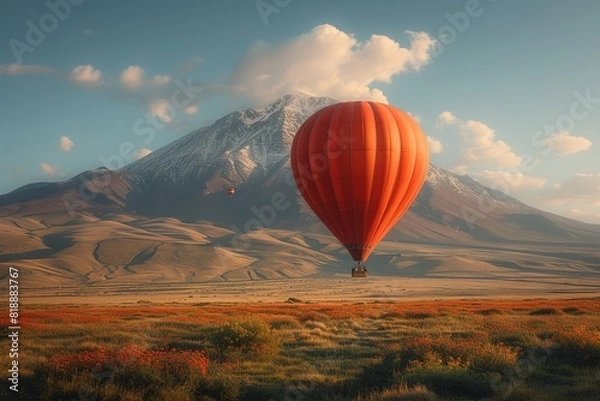 Fototapeta Train Travel Adventure Balloon Ride Illustration or photo of a hot air balloon ride as part of a train travel adventure, adding an element of aerial exploration
