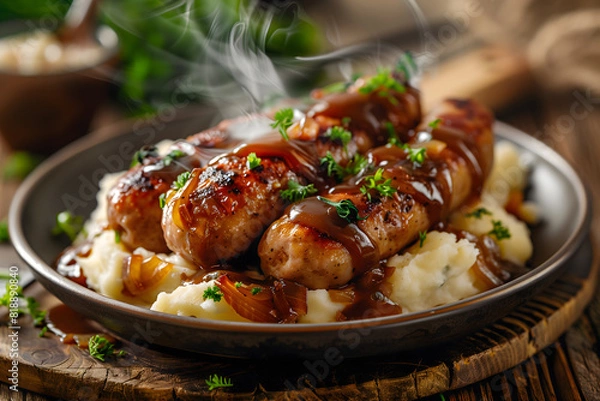 Fototapeta Hearty, steaming bangers and mash in rustic, warmly-lit setting