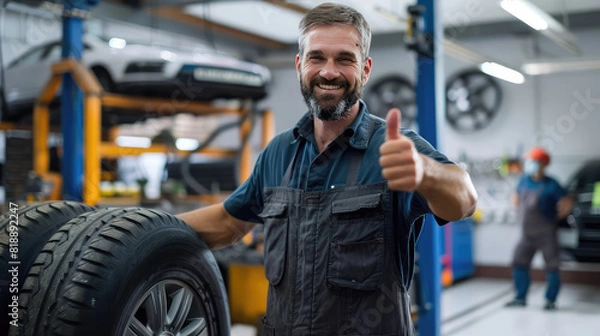 Fototapeta Smiling mechanic showing thumb up with car wheel in auto repair shop