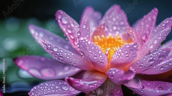 Fototapeta Water droplets collecting on the delicate petals of a lotus flower after a rain shower