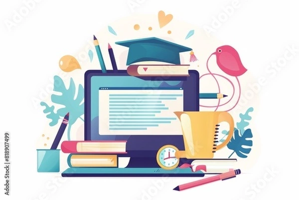 Fototapeta A computer displaying an EdTech concept with a graduation cap resting on top, symbolizing online education and professional qualifications. Generative AI