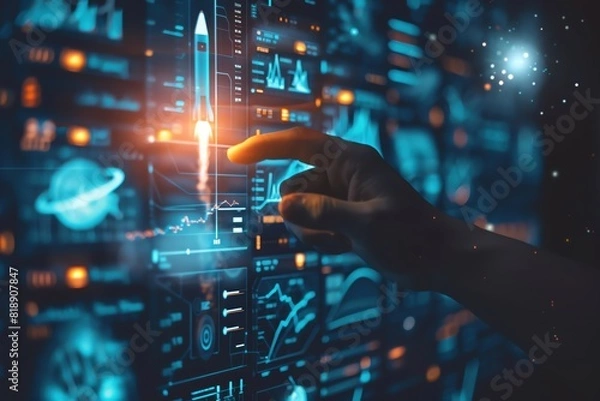 Fototapeta Hand guiding rocket into space technological advancement top view Illustrating dreams and progress technology