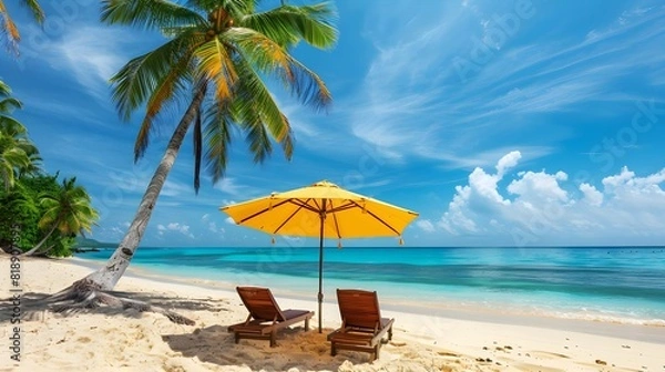 Fototapeta Two beach chairs under an umbrella on a sandy beach, with a turquoise ocean and palm trees in the background.
