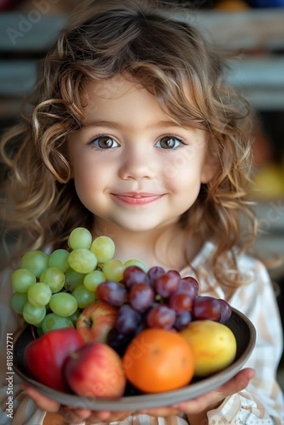Fototapeta happy child holding a plate with fruit close-up 
