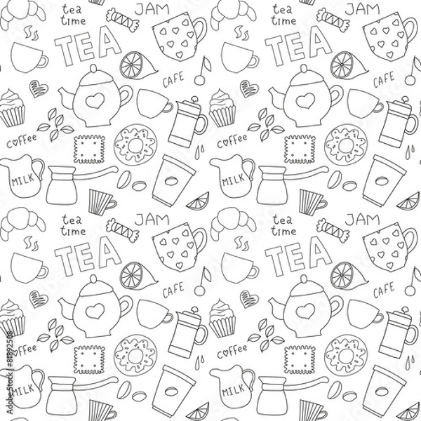 Fototapeta Doodle pattern with tea, cups and sweets