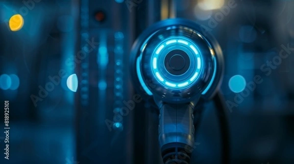 Fototapeta Close-up of a futuristic machine part with glowing blue lights, symbolizing advanced technology and engineering. Concept of technology, innovation, and engineering.
