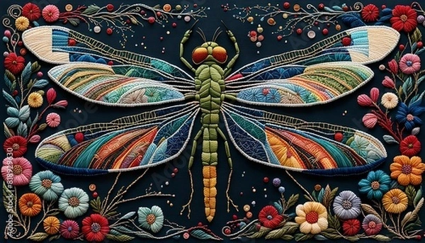 Obraz Dragonfly Embroidery Art Background