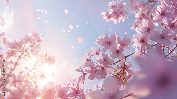 Obraz Blooming pink sakura on a blue-turquoise background, highlighting the delicate petals and vibrant hues, creating a serene and picturesque scene.

