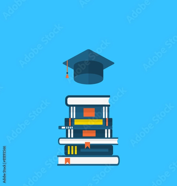 Fototapeta Flat icons of graduation cap and  heap textbooks
