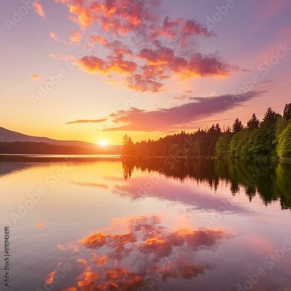 Fototapeta An image of a vibrant sunset over a serene lake, with colorful reflections shimmering on the water
